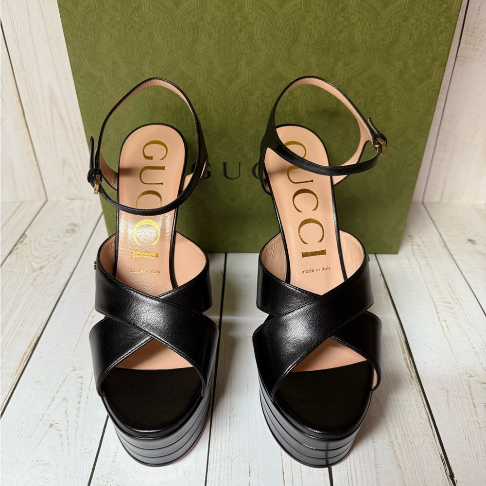 Gucci GG Malaga Kid Leather Platform Sandals Black Sz 40 / 10 - Picture 4 of 16